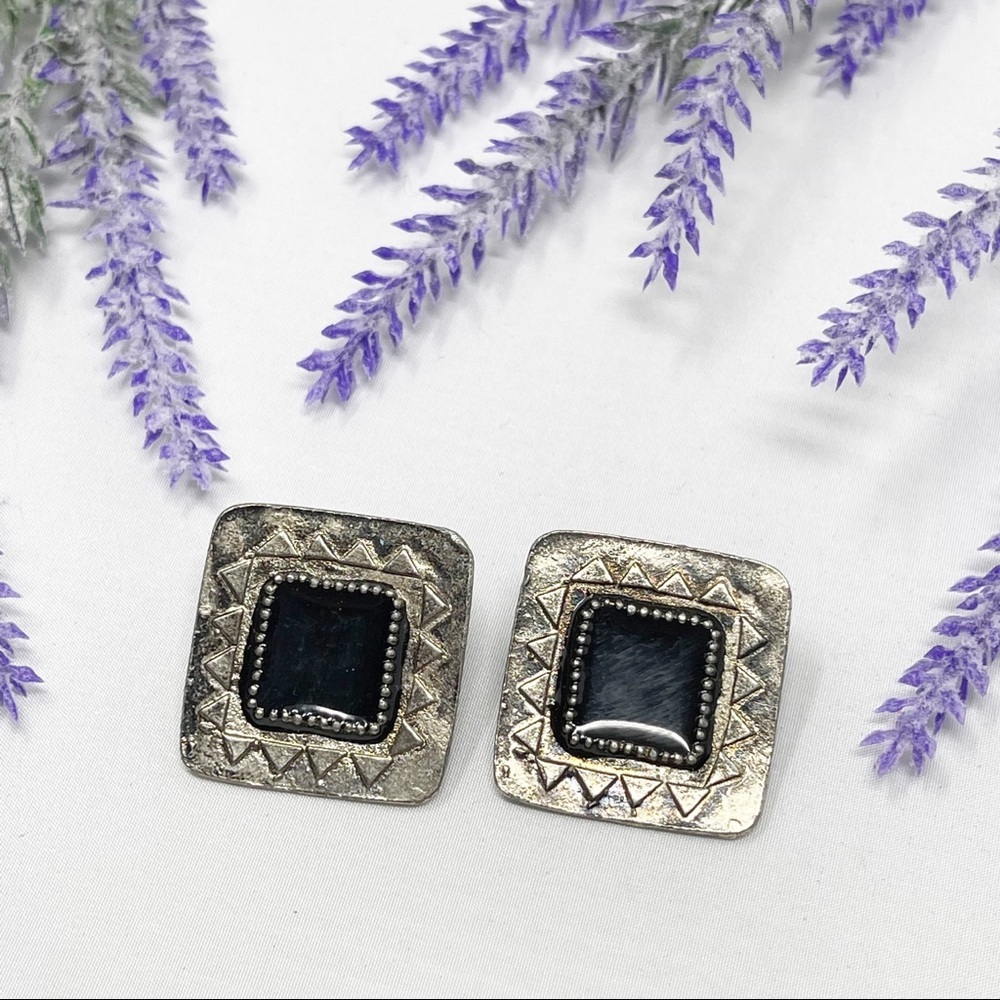 Vintage Tribal Silver Tone Black Enamel Square Post Earrings